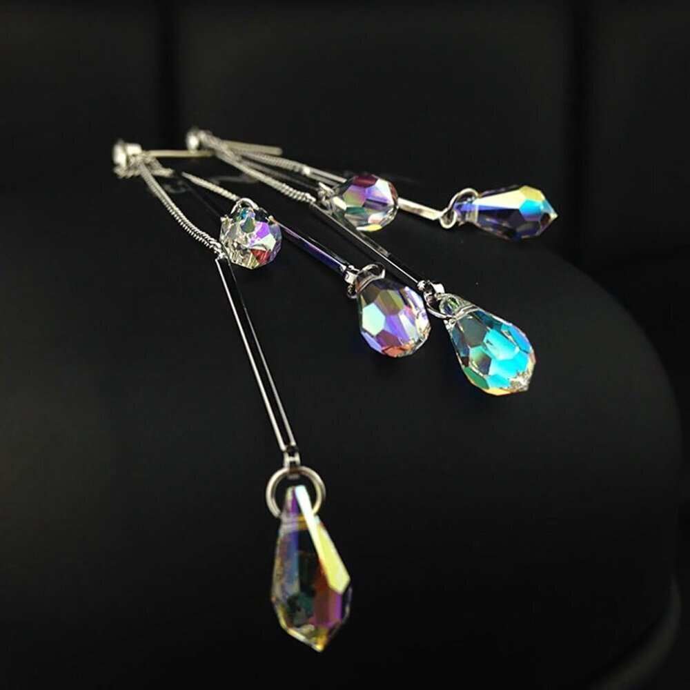 Women Crystal Earrings Aurora Borealis Long Platinum Plated Elegant Gift - Picture 4 of 6